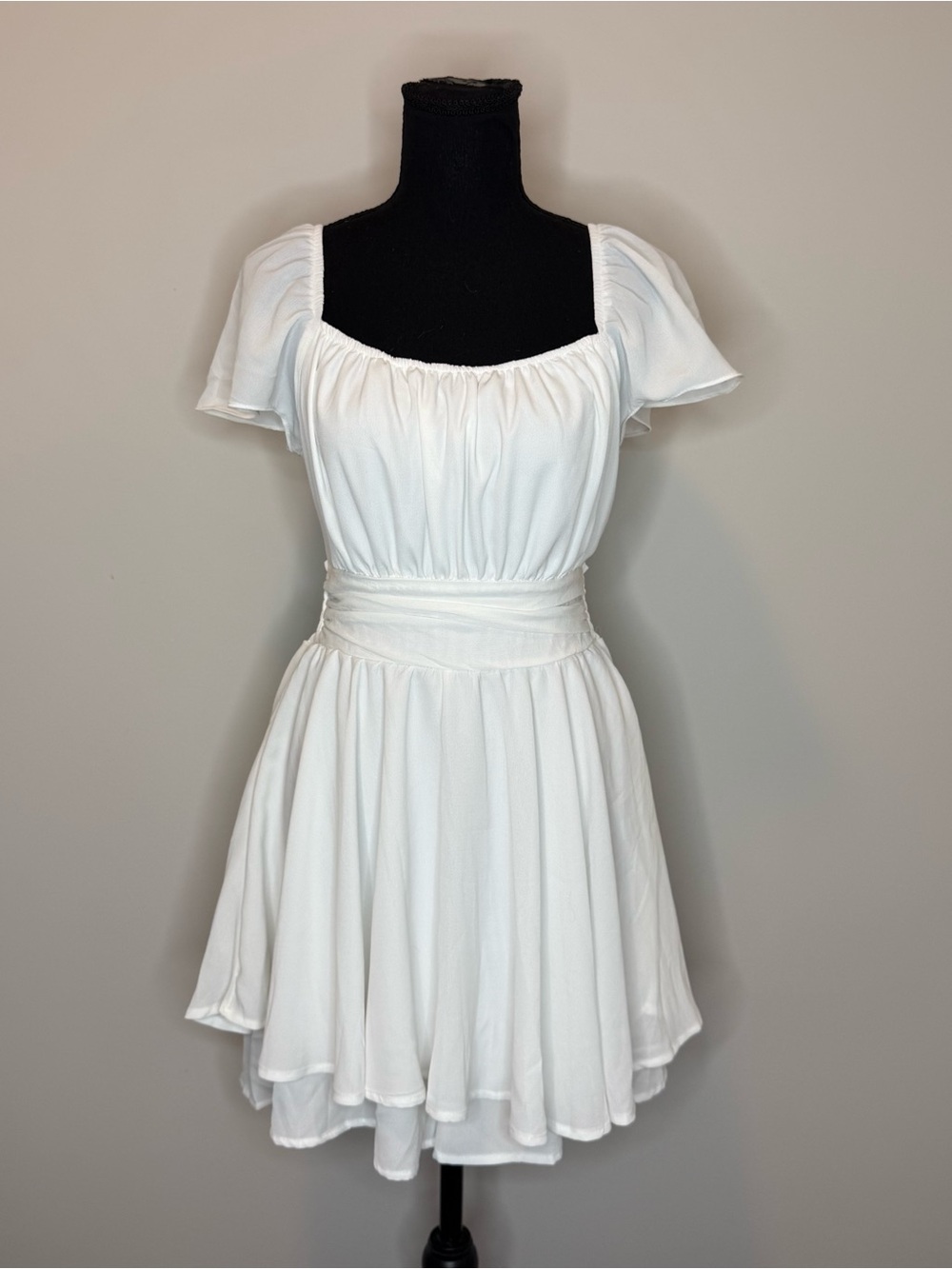 White Square-Neck Short Romper with Cinched Waist and Flutter Sleeves